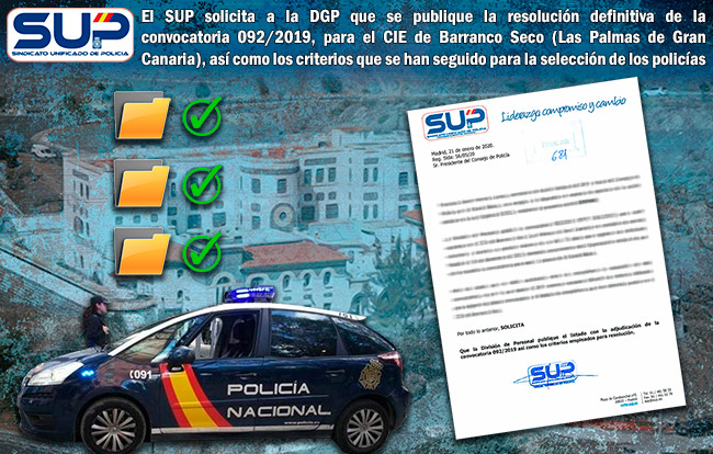 El SUP solicita a la DGP que se publique la resolución definitiva de la convocatoria 092/2019