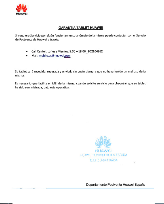garantia tablet huawei